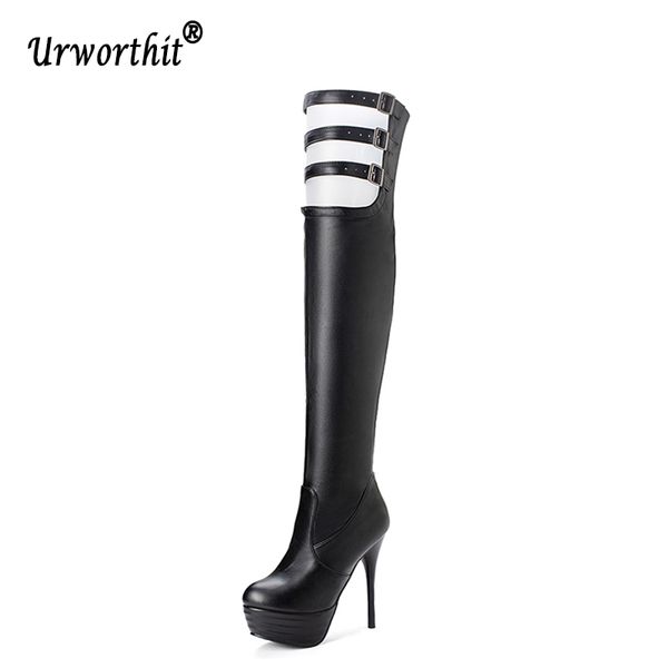 

women fashion 2019 winter platform thigh high boots stiletto leather buckle strap over the knee boots stripper heel party shoes, Black