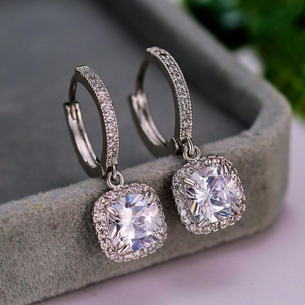 

luxury female crystal white zircon stone earrings blue green square drop earrings vintage silver wedding earrings for women