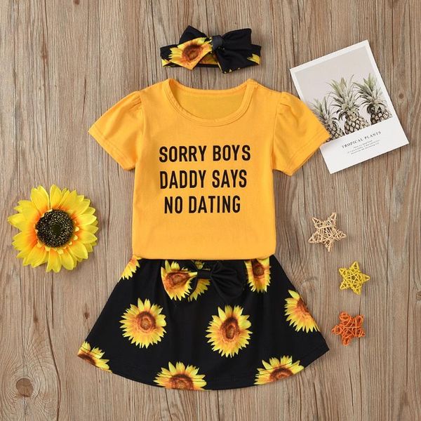 

printed baby boys girls summer clothes set kids girls short sleeve letter t-shirt +sunflower flowers skirt+headband set#g30, White