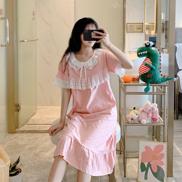 

2020summer nightdress девушка с коротким рукавом 100% хлопок сладкий прекрасный принцесса ветер хлопок студент средней длины сыпучие домашне, Black;red