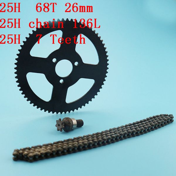 

chain sets 68teeth(26mm) rear sprocket + 25h chain(136 links)+7teeth sprocket shaft for 2 stroke minimoto pocket bike 47cc49cc