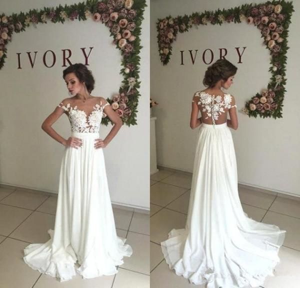 Yeni Romantik Yaz Dantel Plaj Gelinlik Sheer Boyun Şifon Gelinlikler Yan Yarık Gelin Elbise Vestido de Noiva