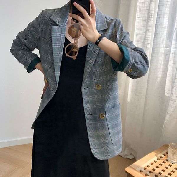 

autumn plaid long blazer jacket women vintage loose chic suit coat all match streetwear fashion lady grey coffee clothes, White;black