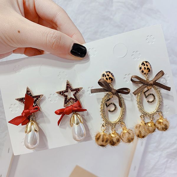 

korea personality fashion leopard hairball bow rhinestones pentagram imitation pearl dangle earrings jewelry female accessories, Silver
