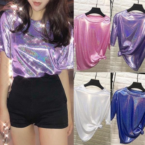 

polyester fashion womens t shirts shiny summer short sleeve shirts party o neck ladies sequined pink white t shirts casual