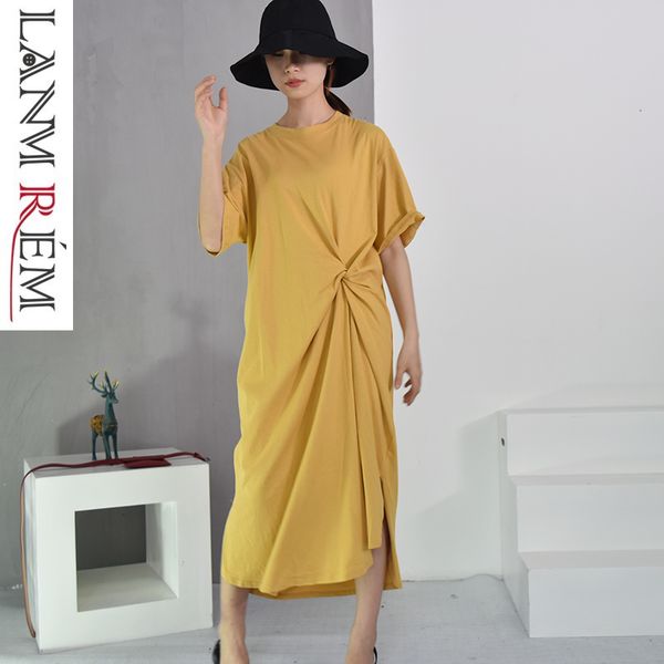 

lanmrem 2019 new summer irregular pullover round neck shrot sleeve waist fold knot splti joint loose dress women clothes s206, Black;gray