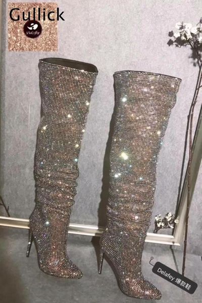 

gullick women 2018 winter blingbling knee high boots diamonds encrushed hoof heels botas slipon tube booties fashion runway, Black