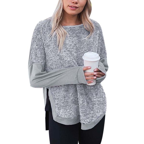 

autumn winter women plush patchwork side slit long sleeve pullover sweatshirt ladies' round neck and thick pullover keep warm, Black