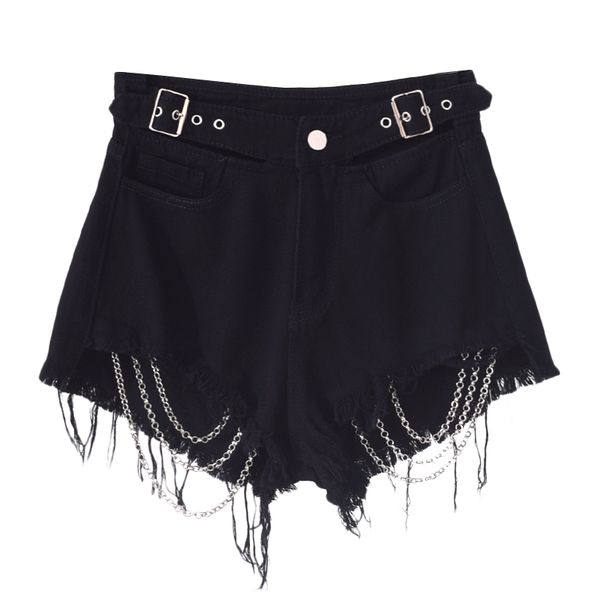 

black fringe goth chain denim shorts women cut out shorts summer adjustable belt high waist fitted solid casual short jeans lady, White;black