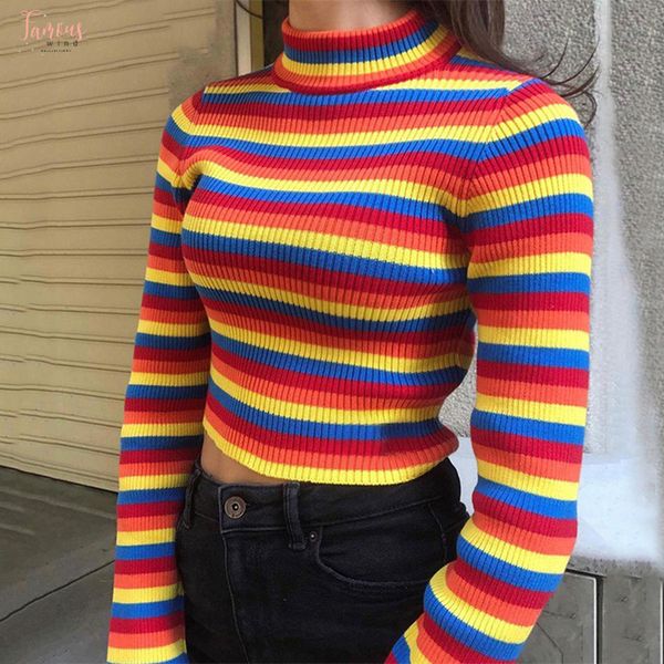 

радуга stripes свитер jumper трикотаж мода тонкий sexy свитер водолазка женская и пуловеры красочных прицепная перевозка груз падения, White;black