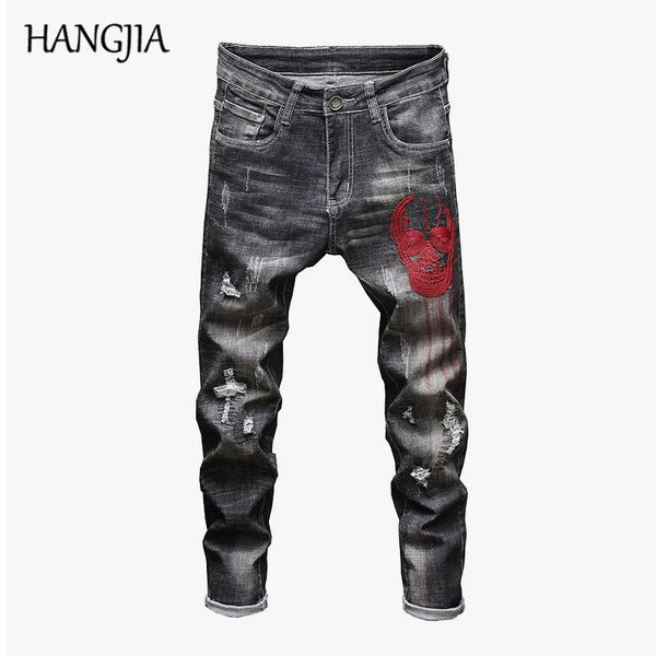

male jogger jeans fashionable ripped moto jeans for men streetwear hip-hop skull embroidery washed hole design black slim, Blue