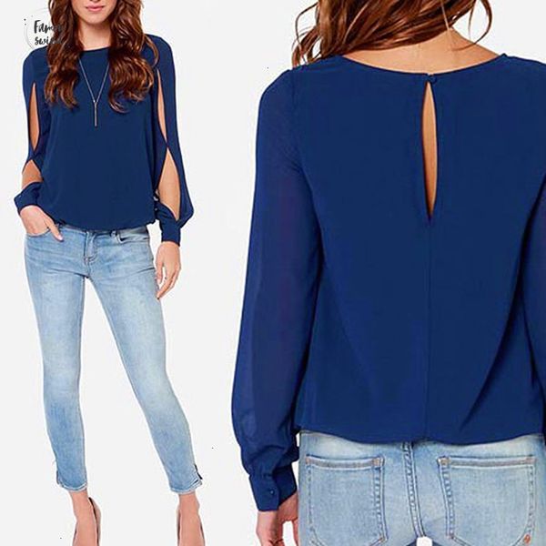 

европейский 2019 и блуза американского стиль o шеи вокруг шеи досуг женщина с длинным рукавом твердой обычной рубашкой сыпучего шифон рубашк, White