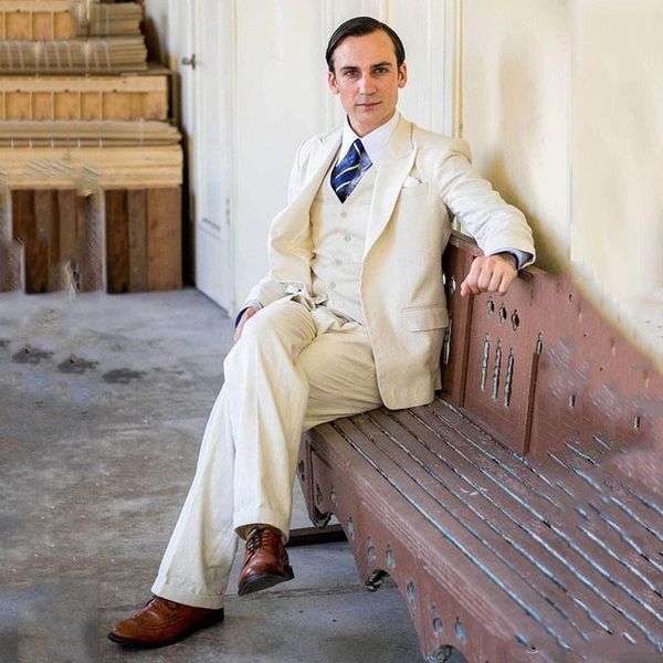 

ivory linen mens wedding suits groom tuxedo wide shawl lapel man outfits three pieces(coat pants vest) slim fit men suits, White;black