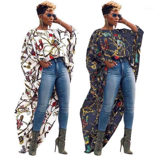 

irregular long for female big gold chain printed short front long back fashion blouse short sleeve tees, White