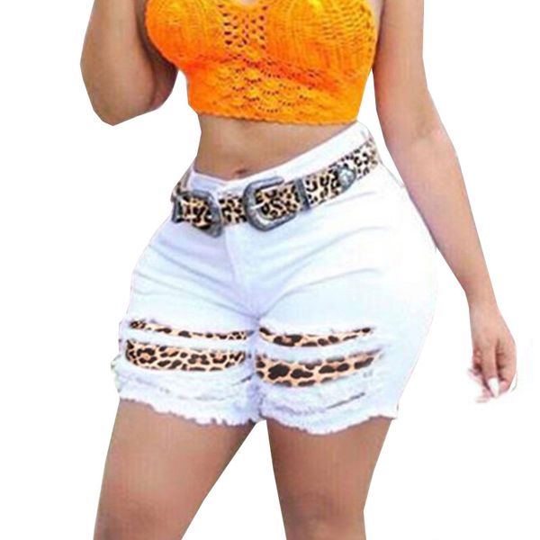 

2020 summer new leopard stitching jeans shorts women fashion vintage high waist denim shorts for women tassel short femme, White;black