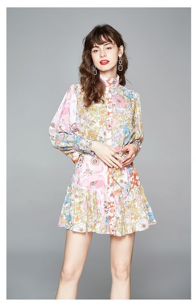 

2020 runway flower print multi-color chiffon dress women's lantern long sleeve stand single-breasted dress female sashes pleated dress, Black;gray