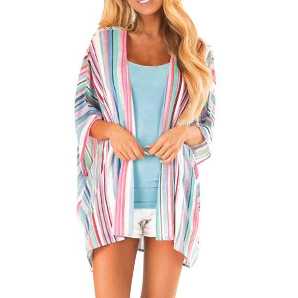 

fashion womens fashion summer loose stripes beach dress casual ladies striped print cardigan long blouse loose outwear #p5, Blue;gray