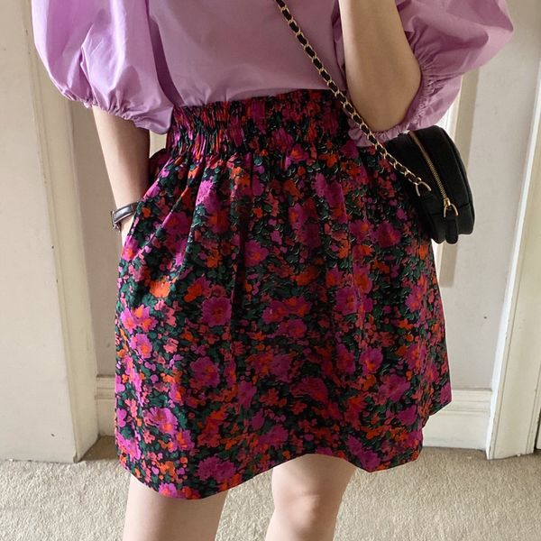 

skirts summer floral chic printed party 2021 streetwear stylish women pockets elastic waist mini, Black