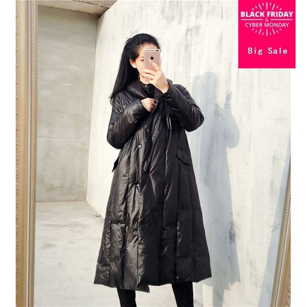 

90% duck down coat fashion brand single breasted longer down jacket female high pile up collar thicker warm coat wq336, Black