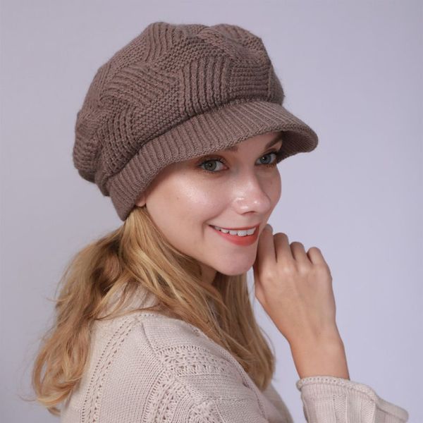 

womens winter warm twill crochet knitted beret hat slouchy thickened plush solid color cold weather snow beanie cap with visor, Blue;gray