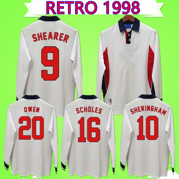 

long sleeve retro 1998 england soccer jerseys full sleeve home white vintage football shirts 98 cole beckham owen sinclair heskey scholes, Black;yellow