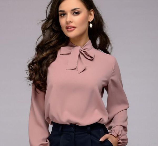 

elegant bow tie women shirt spring ladies solid long sleeve chiffon shirts casual blouses vintage blusas, White