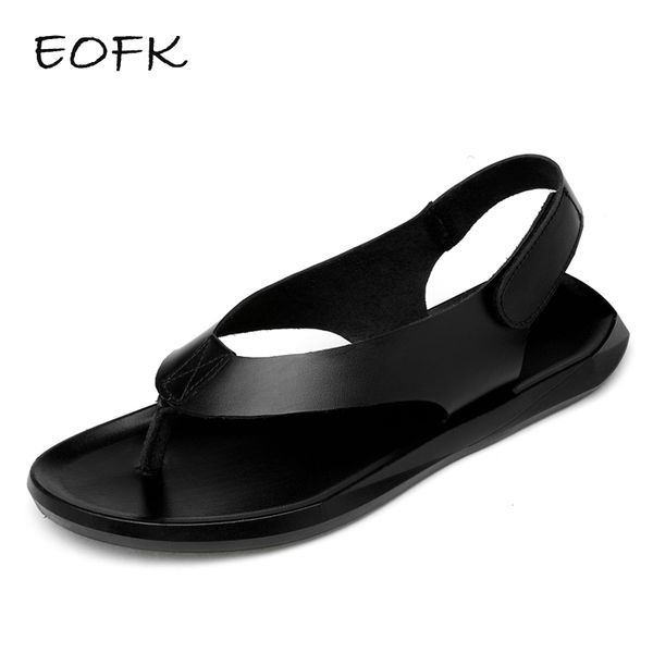 

eofk summer men genuine leather sandals new design fashion casual black slip on sandals man men's flat rubber leather flip flops t20042