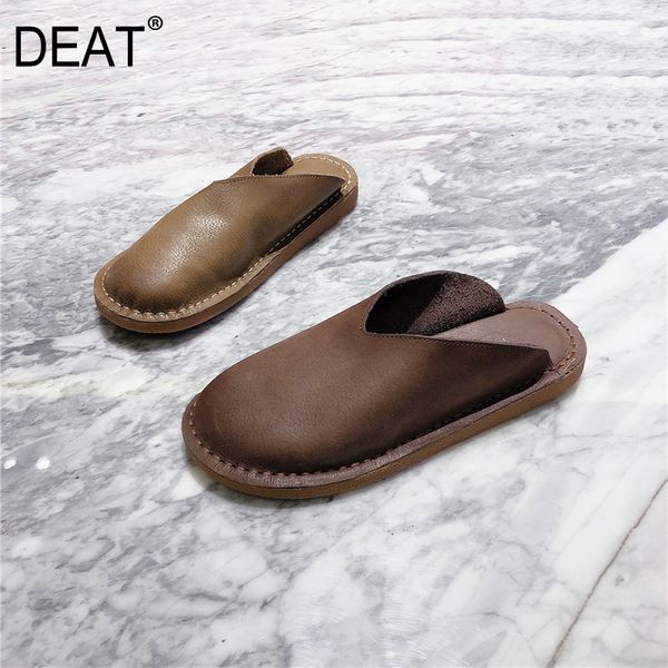 

deat] 2020 new spring summer round toe shallow genuine leather retro outdoor flat slippers women shoes fashion tide 10h903, Black