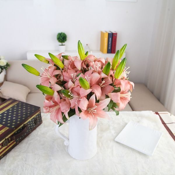 

5pcs/lot artificial bouquet double heads simulation small lily silk flower for home decoration wedding decor fake flower wreath display