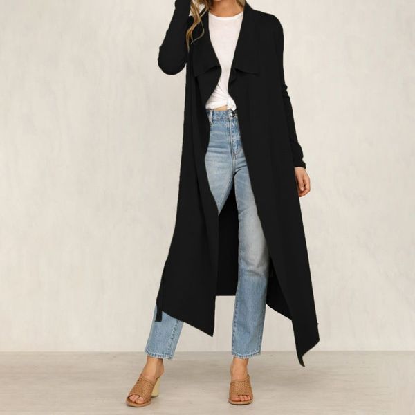 

women new trench coat fashion solid color lace-up lapel long coat women casual long sleeve trench coats, Tan;black