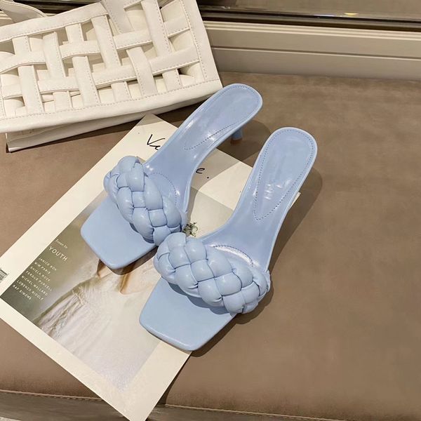 

weave slippers women high heels square toe shoes female zapatos de mujer elegant slides summer buty damskie thin heel sandles, Black