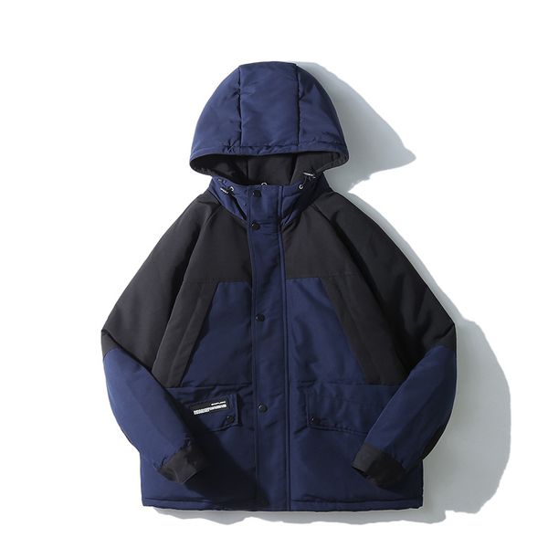 

19 winter japanese retro color matching hoods cotton-padded jacket men's loose tide brand students warm clothing cotton men, Black