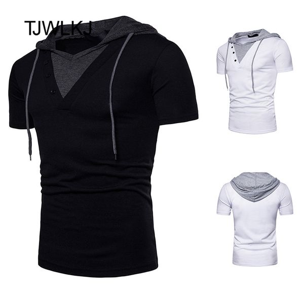

tjwlkj fake two pieces t shirt men summer brand cotton hooded mens t-shirts casual slim fit short sleeve mens hoodies t-shirt, White;black