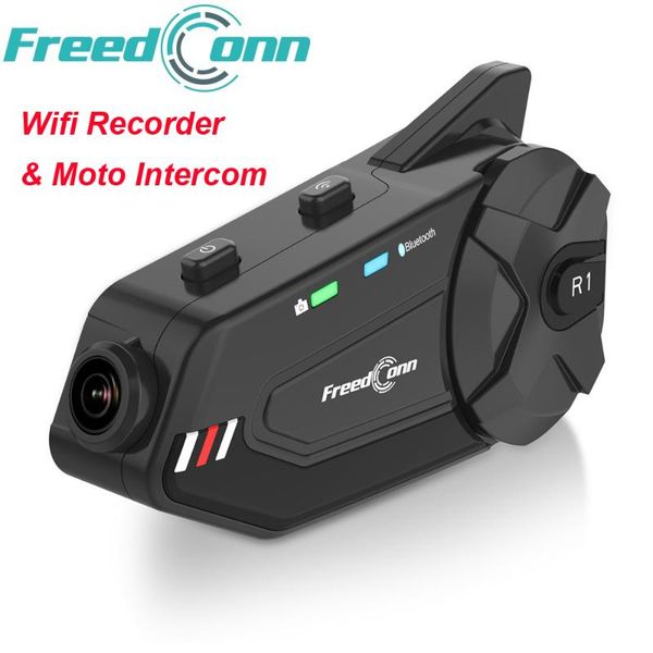 

freedconn r1 plus мотоцикл интерок шлет bluetooth гарнитура интерок водонепроницаемой hd объектив 1080p видео 6 riders fm wifi recorder