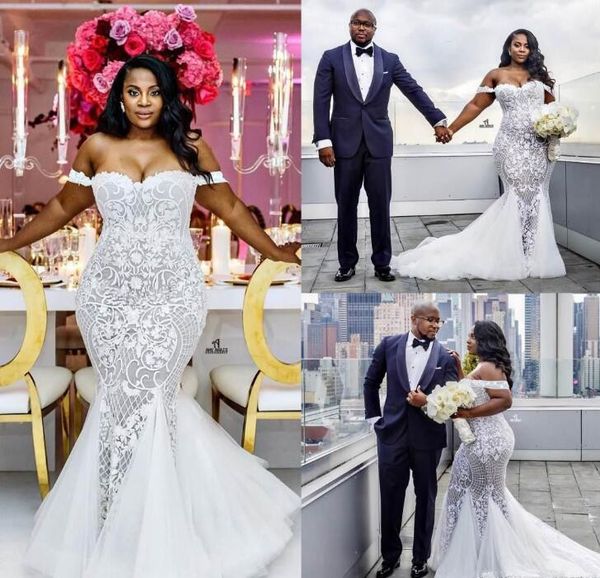 

mermaid wedding dresses modest plus size off shoulder trumpet bridal gowns sweep train tulle lace african wedding dress custom made, White