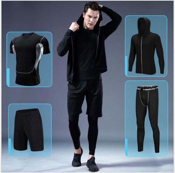 

spring and autumn fitness clothes four-piece fast-drying long-sleeve tight garment outdoor sports basketball training clothes for men, White;black