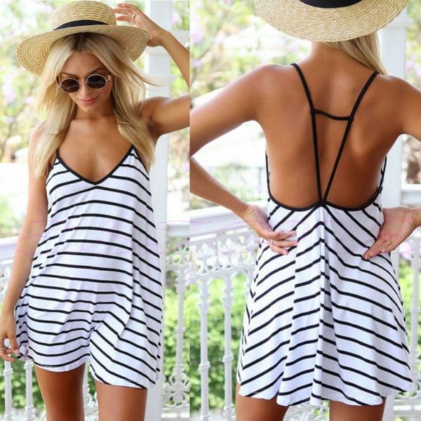 

new female summer fashion cool black and white stripes loose v-neck halter dress, Black;gray