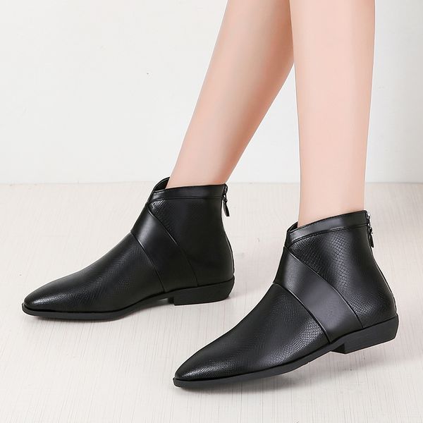 

zapatos mujer 2020 winter boots women pointed toe zipper pu leather black short plush trendy ankle boots elegant