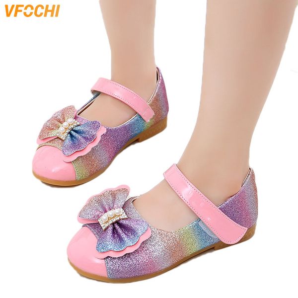 

vfochi 2020 girls leather shoes kids paillette bow girls princess shoes children party dancing teenager dress, Black;grey