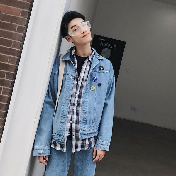 

autumspring personality drop shoulder wash denim jacket male loose denim jacket youth, Black;brown