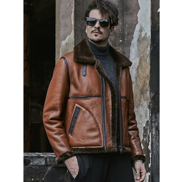 

2019 new mens brown b3 sheepskin shearling jacket short leather jacket mens fur coat bomber short winter coats, Black