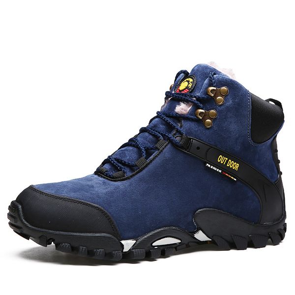 

super warm men winter leather snow boots outdoor leisure boots warm fur&plush lace up sneakers men winter work shoes, Black