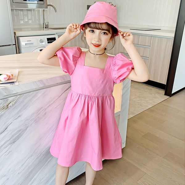 

2020 summer new korean solid color sweet short dress women puff sleeve base a-line dress with hat, Red;yellow