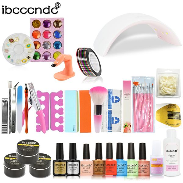 

24w led lamp + 6 color 10ml uv gel polish base coat varnish french tip remover file stickers kit nail art manicure tools set