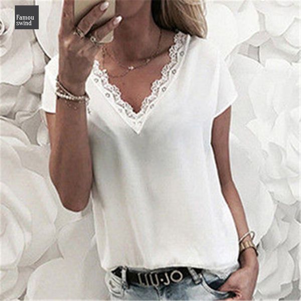 

женщина плюс блузке и tops summer top casual сыпучие рукавов твердая кружева v шеи шифон блузки размер рубашки жилет blusa, White