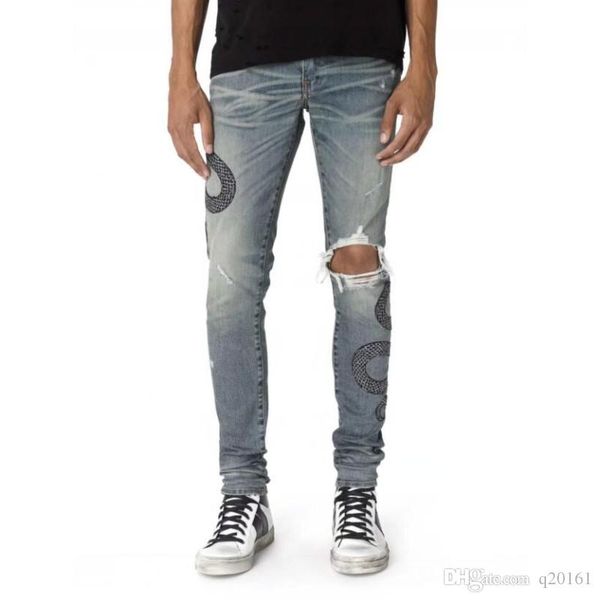 

2019 высокое качество мужские джинсы проблемные мотоцикл байкерские джинсы rock тощий тонкий рваные отверстия нашивки известная марка джинсо, Blue
