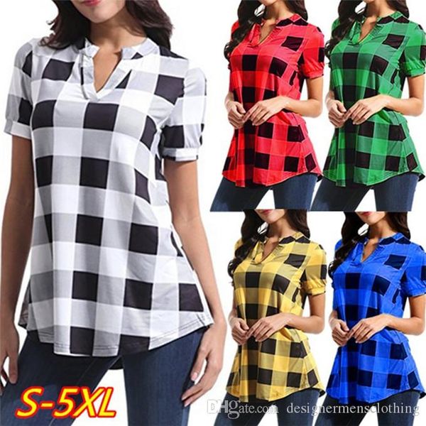 

plaid printed v neck womens shirts summer loose short sleeve contrast color long, White