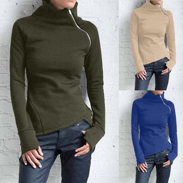 

long sleeve blouse women plus size high street wear solid blouse pullover turtleneck zipper women casual shirts ladies #3, White