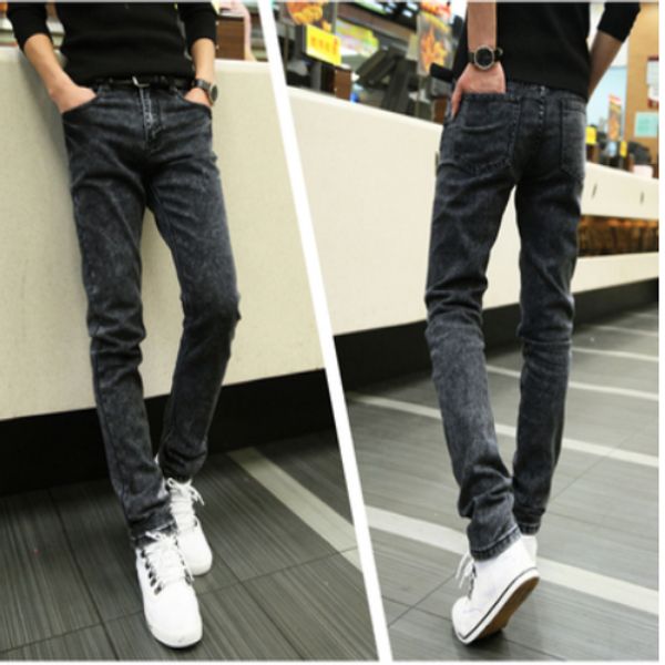 

dark grey thin jeans men's cultivate one's morality trend black feet pants, Blue