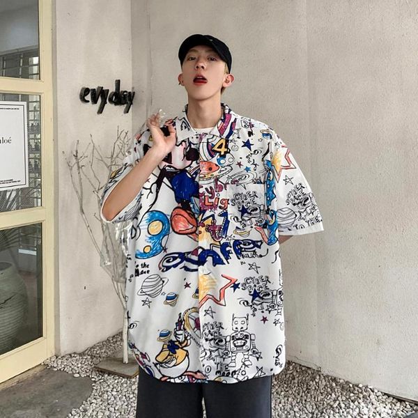 

men's casual shirts 2021 summer plus size european and american trend fashion graffiti printing half-sleeved shirt short-sleeved, White;black